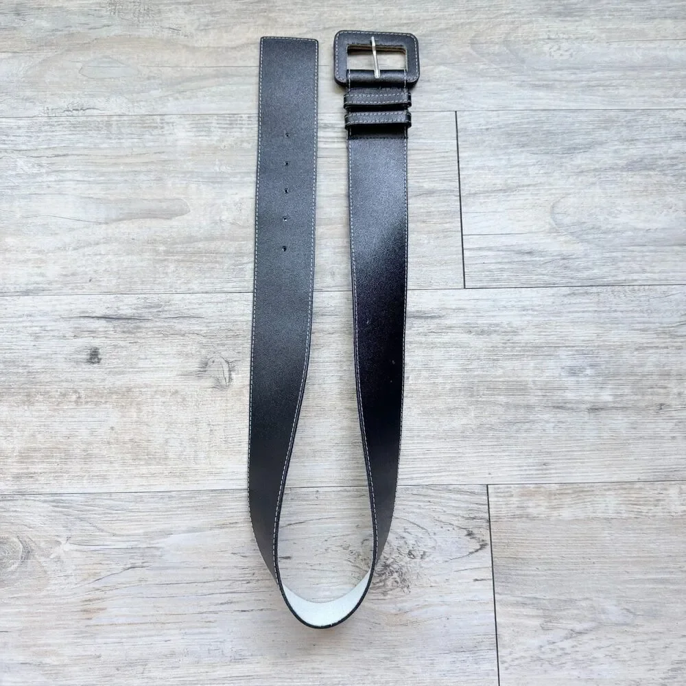 Vintage Wide Black Leather Belt Square Covered Buckle Size 30 Minimalist